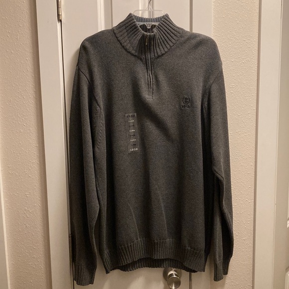 NWT IZOD Knit Logo Pullover Sweater 1/4 Zip Mock Collar Grey Size XL - Picture 1 of 9